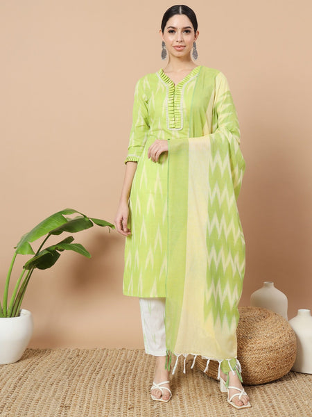 Yufta Green Cotton Ikat Kurta Dupatta Set