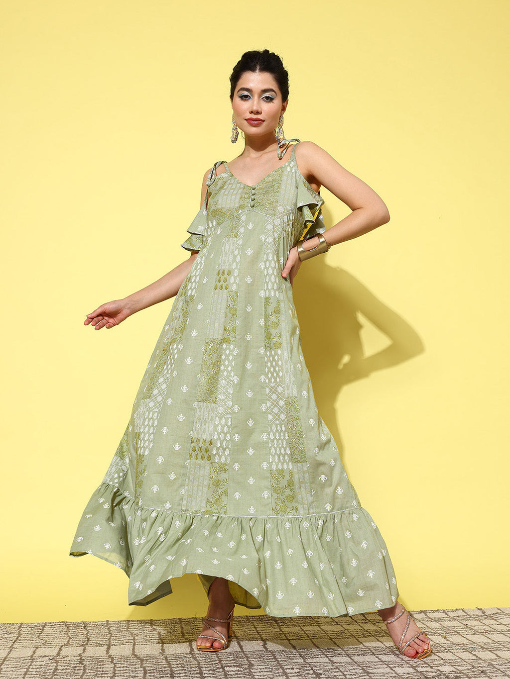 Yufta Green Ethnic Motifs Print Cotton A-Line Maxi Dress - Distacart