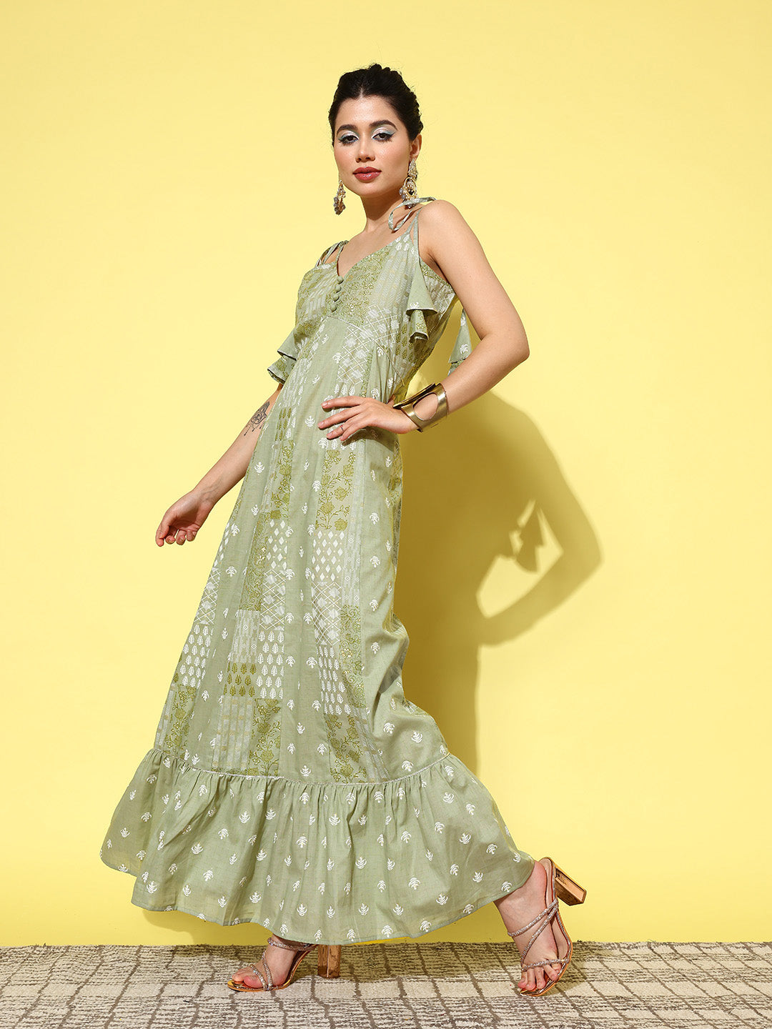 Yufta Green Ethnic Motifs Print Cotton A-Line Maxi Dress - Distacart