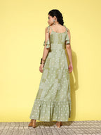 Yufta Green Ethnic Motifs Print Cotton A-Line Maxi Dress - Distacart