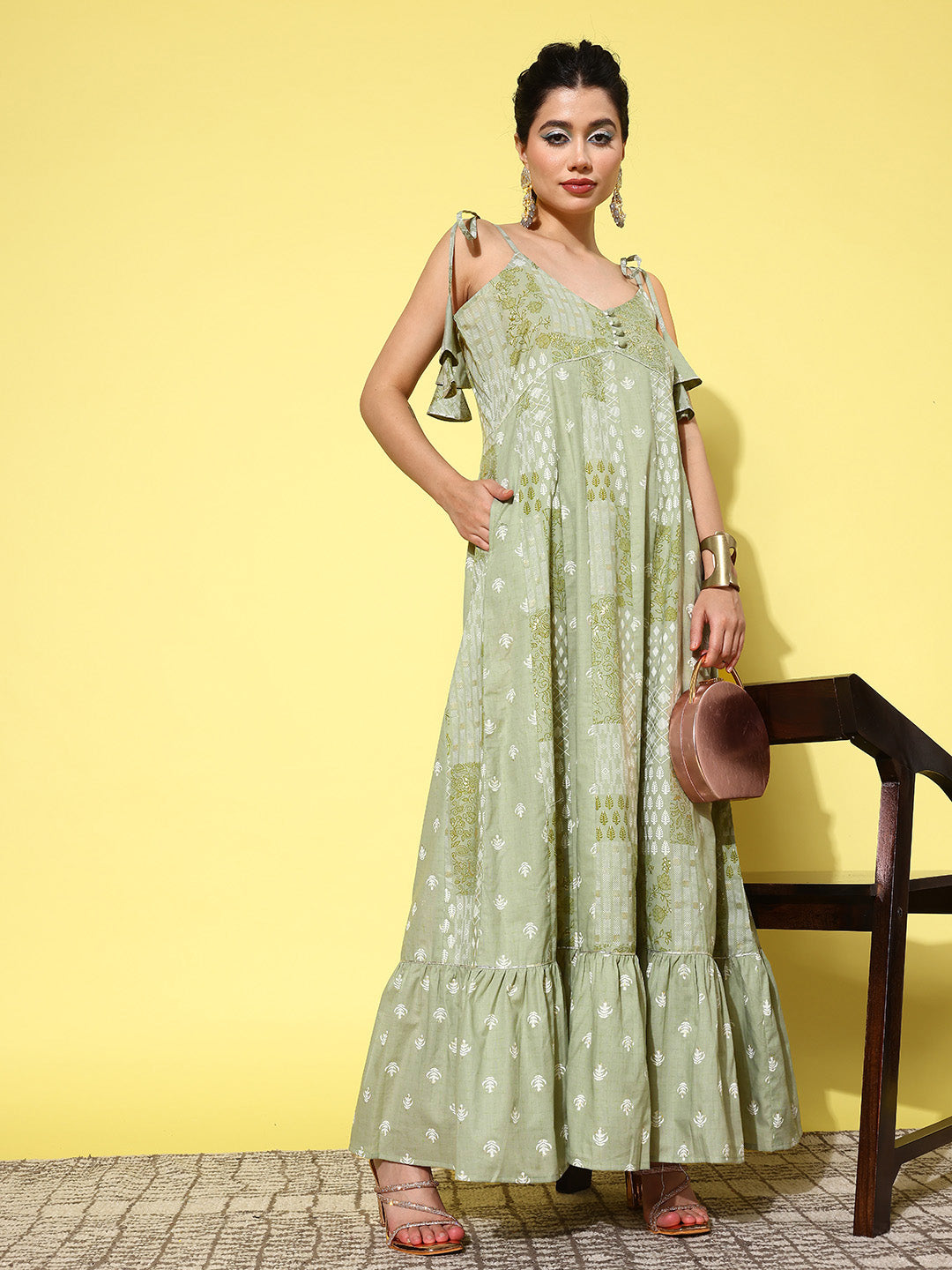 Yufta Green Ethnic Motifs Print Cotton A-Line Maxi Dress - Distacart