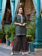 Yufta Green Floral Zari_Work Kurta Sharara With Dupatta Set
