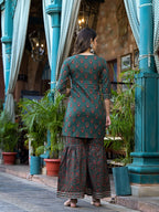 Yufta Green Floral Zari_Work Kurta Sharara With Dupatta Set