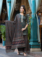 Yufta Green Floral Zari_Work Kurta Sharara With Dupatta Set
