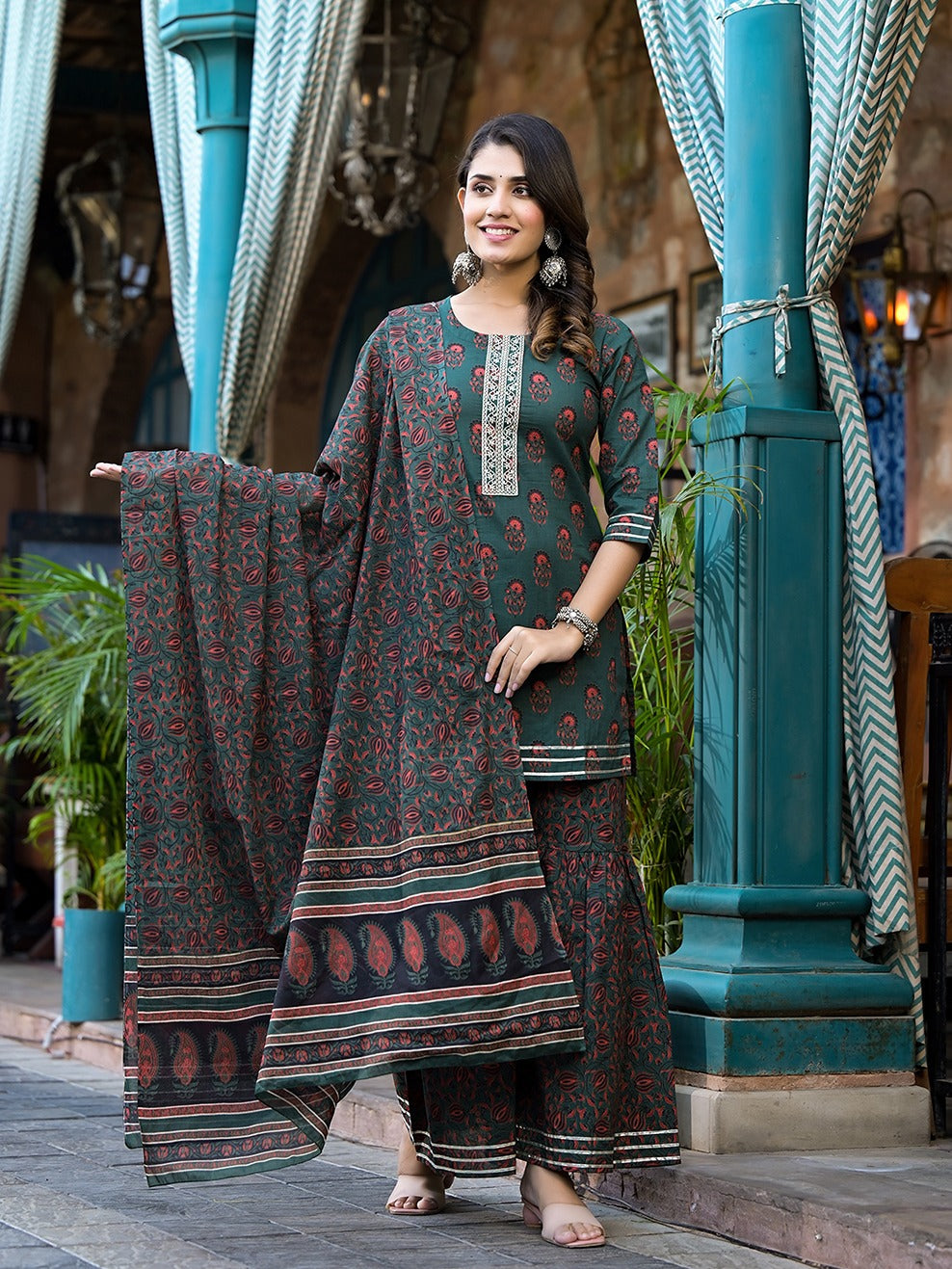 Yufta Green Floral Zari_Work Kurta Sharara With Dupatta Set