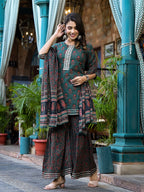 Yufta Green Floral Zari_Work Kurta Sharara With Dupatta Set