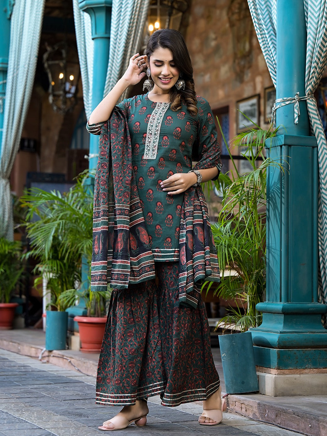 Yufta Green Floral Zari_Work Kurta Sharara With Dupatta Set