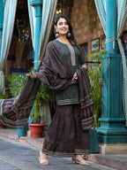 Yufta Green Floral Zari_Work Kurta Sharara With Dupatta Set