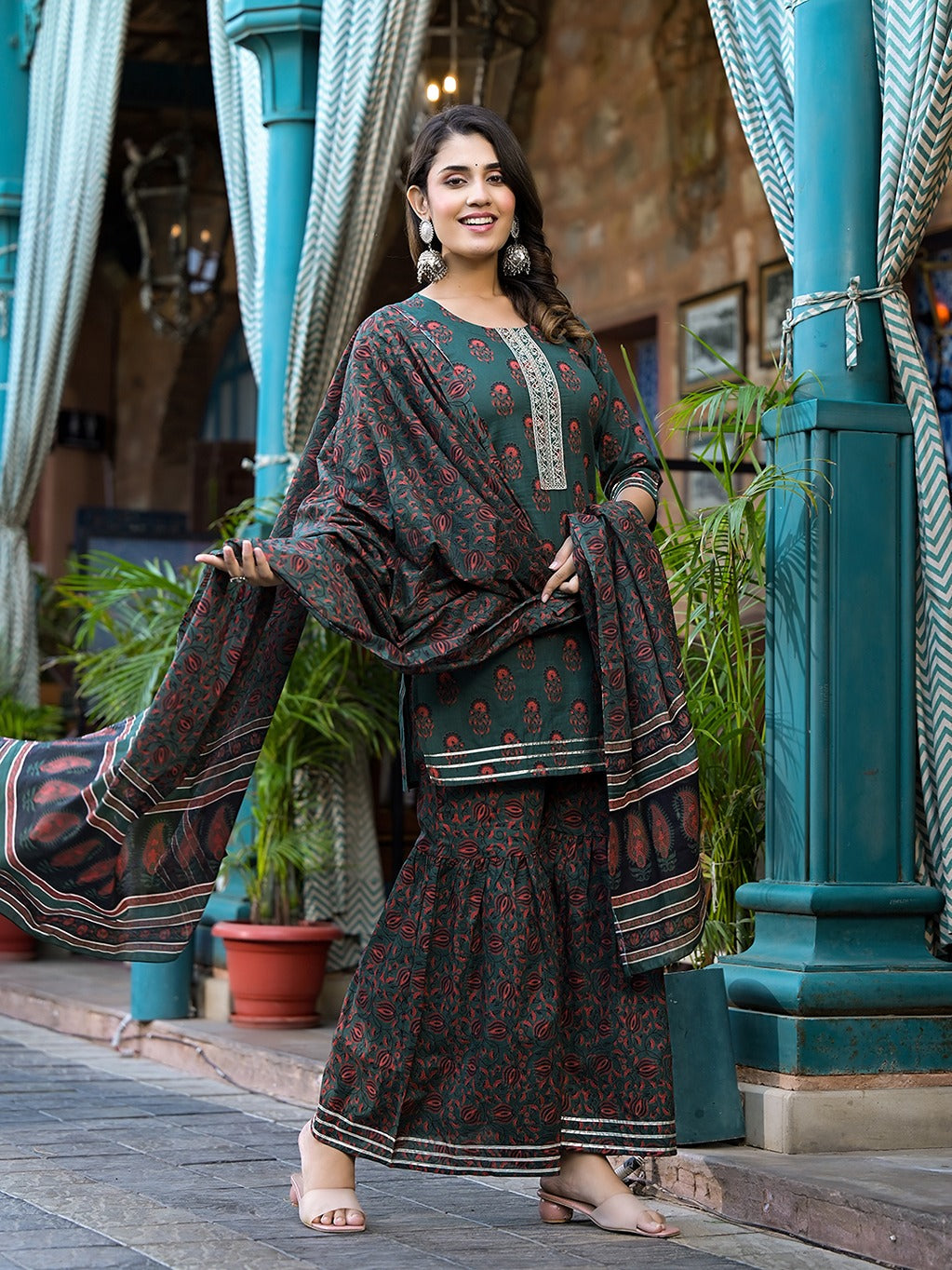 Yufta Green Floral Zari_Work Kurta Sharara With Dupatta Set