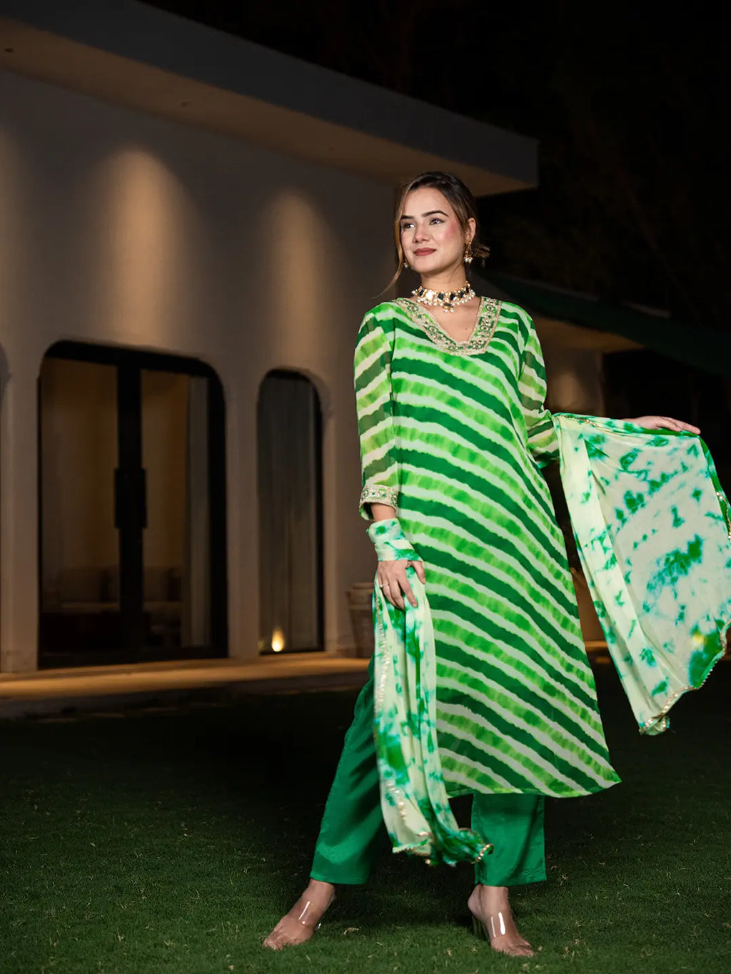 Yufta Green Leheriya Print Poly Georgette Straight Suit Set