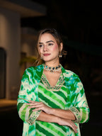Yufta Green Leheriya Print Poly Georgette Straight Suit Set