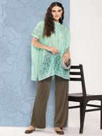 Yufta Green Printed Ethnic Chanderi Cotton Kaftan Longline Top
