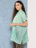 Yufta Green Printed Ethnic Chanderi Cotton Kaftan Longline Top