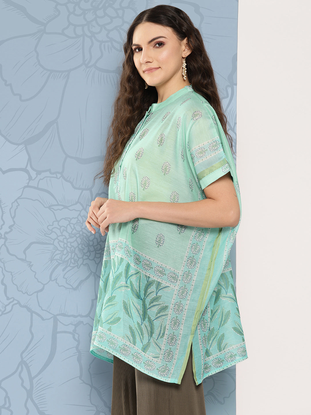 Yufta Green Printed Ethnic Chanderi Cotton Kaftan Longline Top