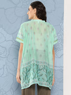 Yufta Green Printed Ethnic Chanderi Cotton Kaftan Longline Top