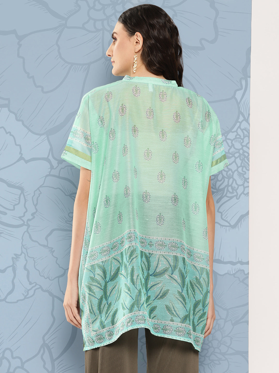Yufta Green Printed Ethnic Chanderi Cotton Kaftan Longline Top