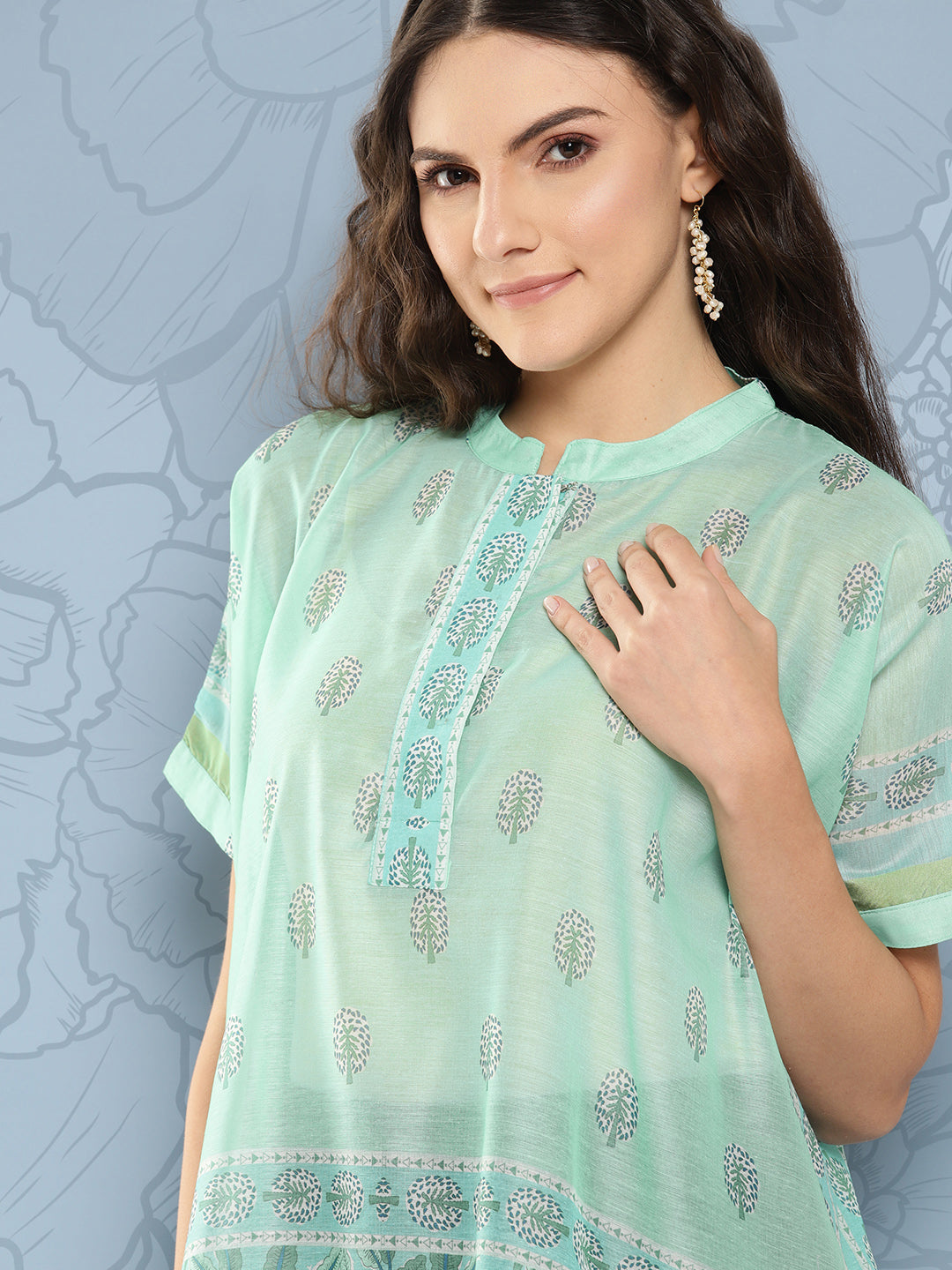 Yufta Green Printed Ethnic Chanderi Cotton Kaftan Longline Top