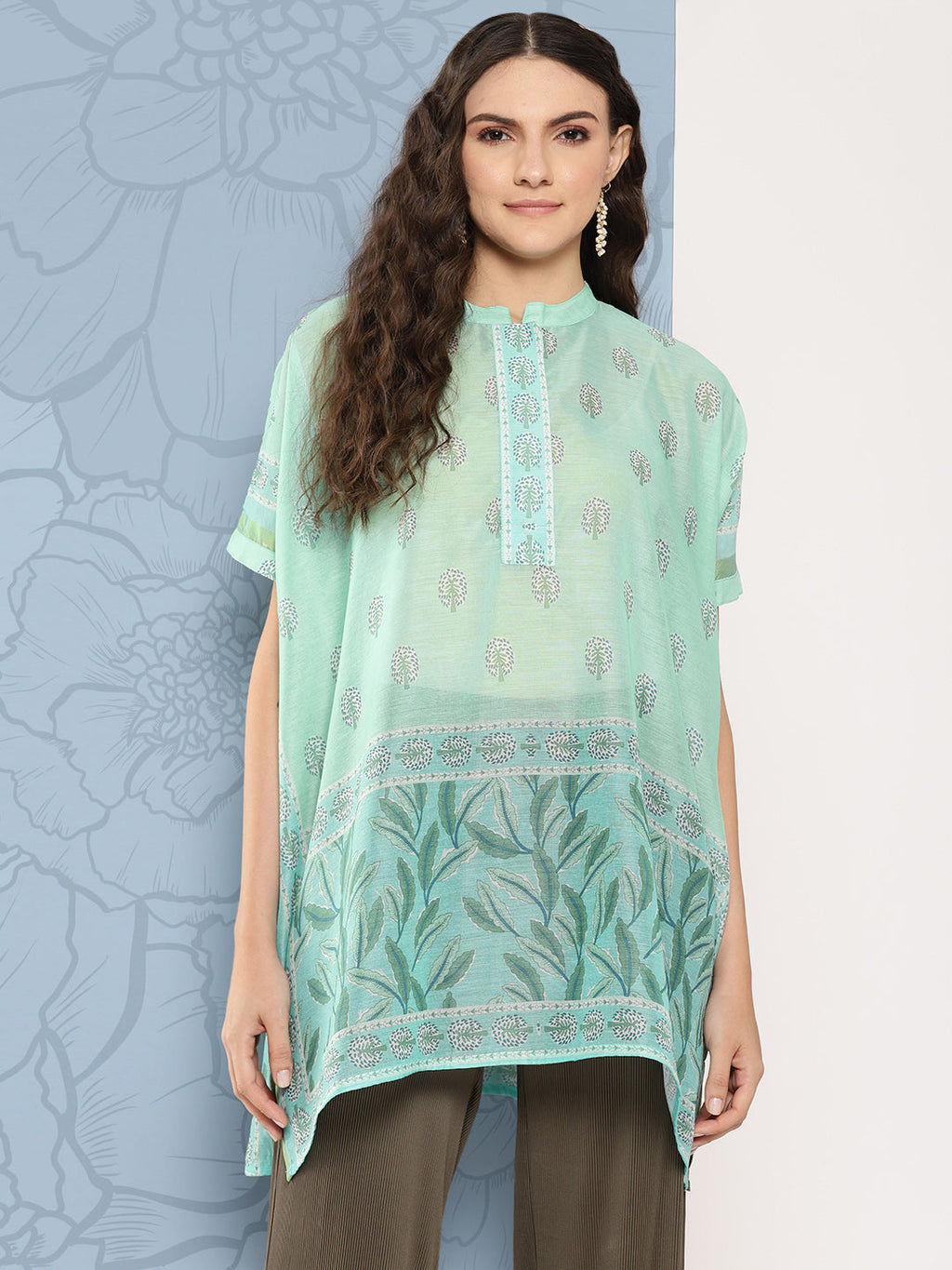 Yufta Green Printed Ethnic Chanderi Cotton Kaftan Longline Top