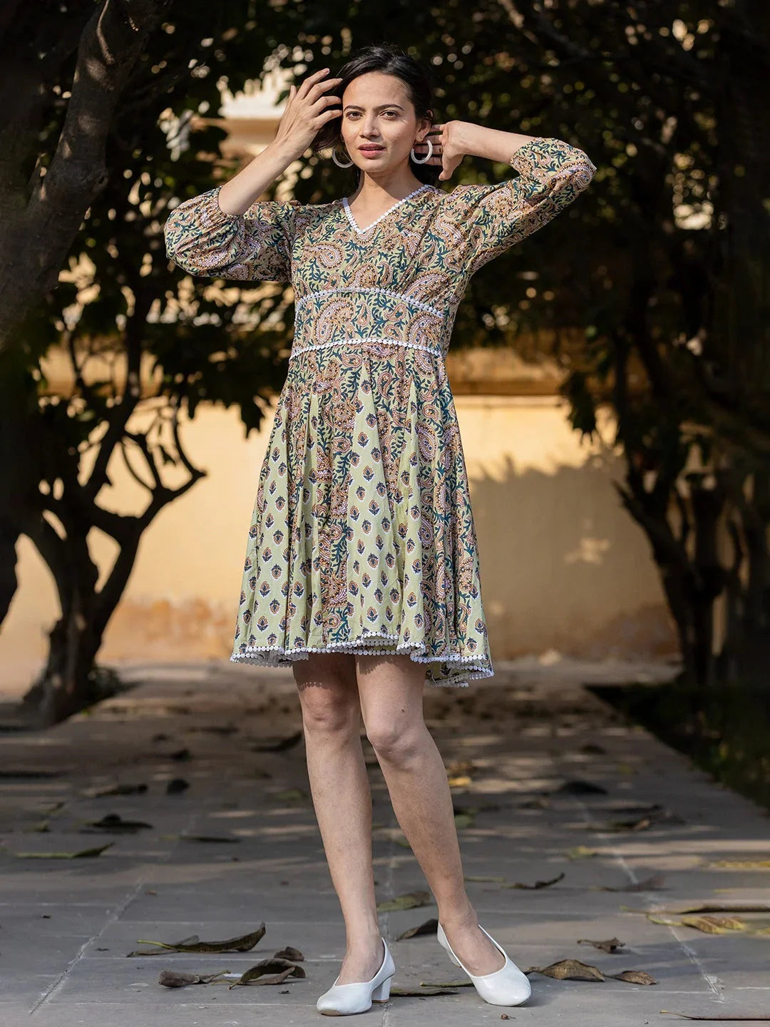 Yufta Green Pure Cotton Paisley And Tassels Were Dress - Distacart
