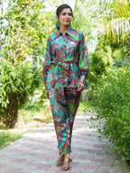 Yufta Green and Turquoise Blue Printed Satin Co-Ords