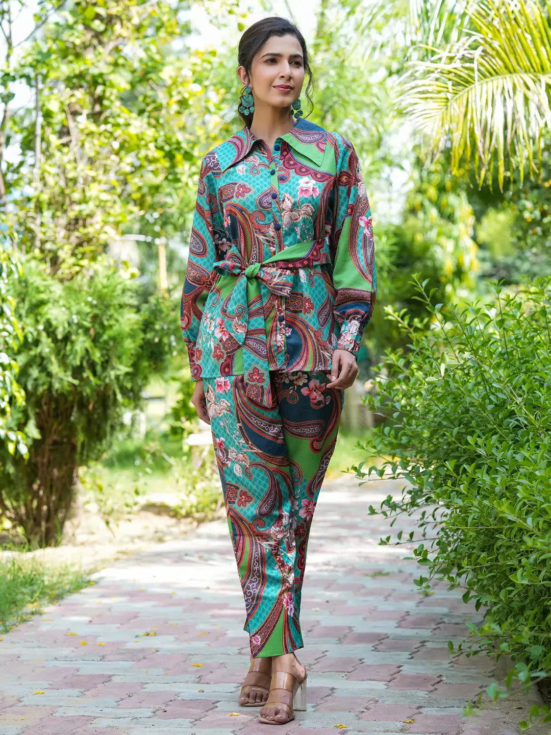 Yufta Green and Turquoise Blue Printed Satin Co-Ords