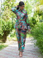 Yufta Green and Turquoise Blue Printed Satin Co-Ords