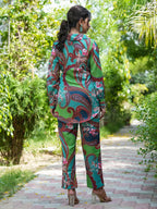 Yufta Green and Turquoise Blue Printed Satin Co-Ords