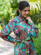 Yufta Green and Turquoise Blue Printed Satin Co-Ords