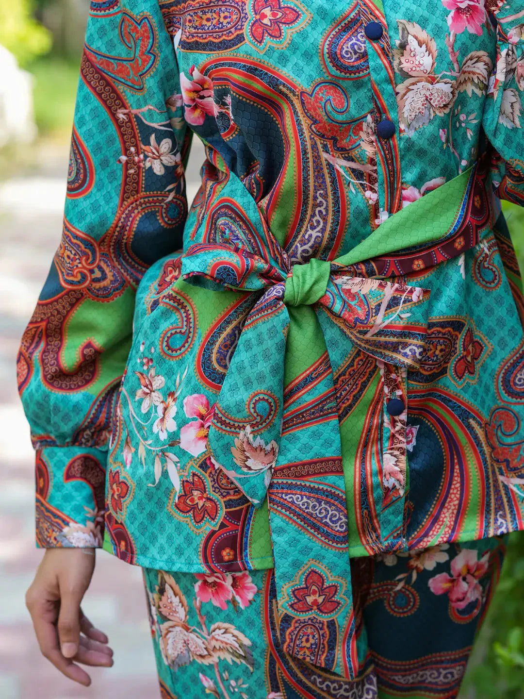 Yufta Green and Turquoise Blue Printed Satin Co-Ords