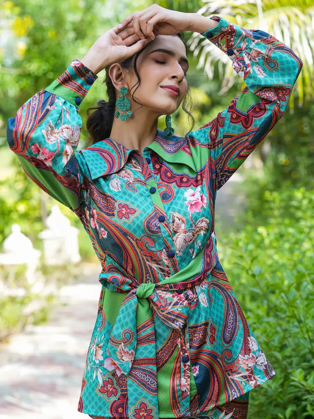 Yufta Green and Turquoise Blue Printed Satin Co-Ords