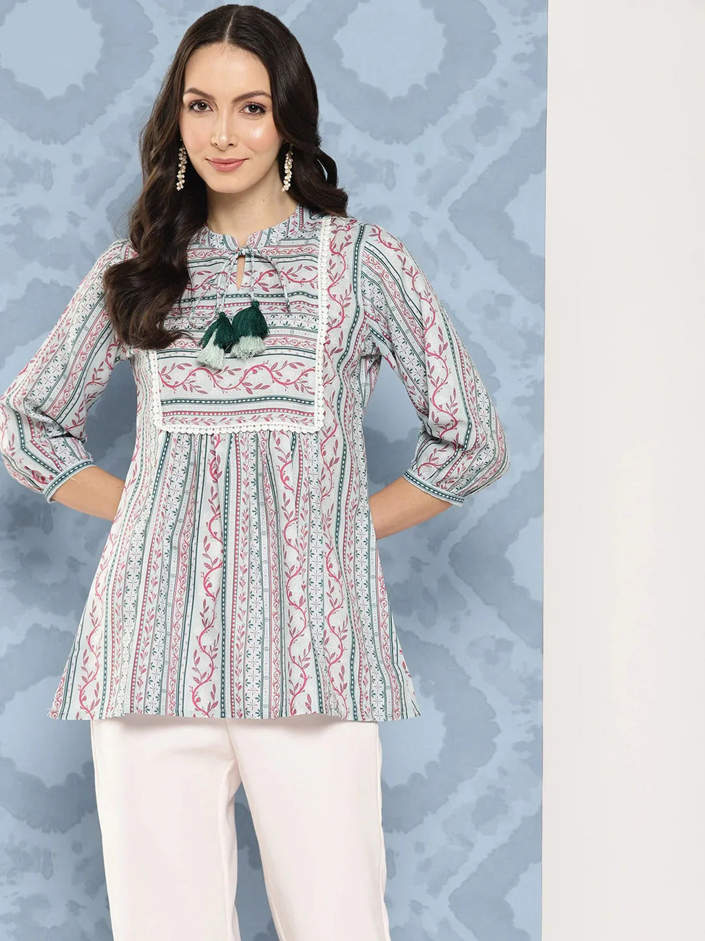 Yufta Green and pink Print Mandarin Collar Ethnic Linen Top
