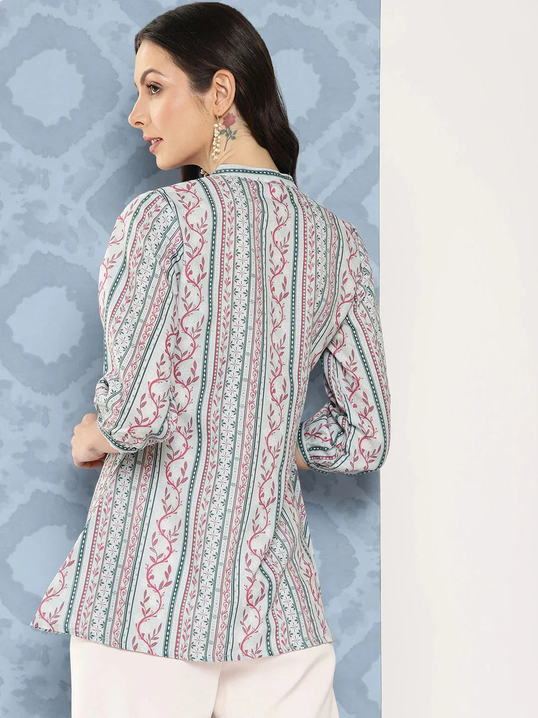 Yufta Green and pink Print Mandarin Collar Ethnic Linen Top