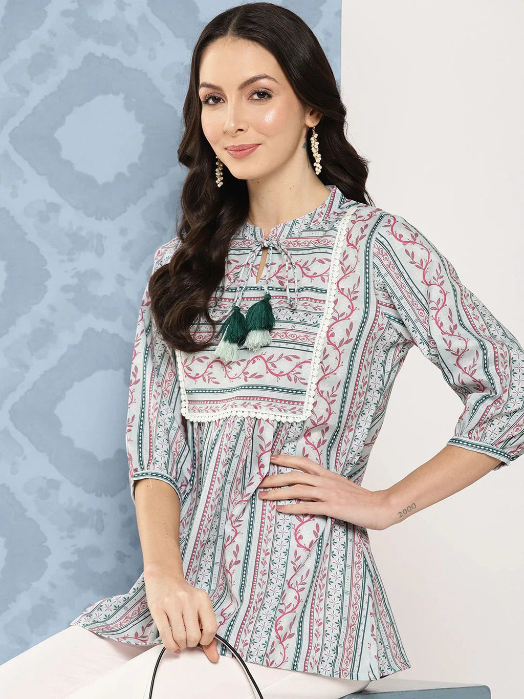 Yufta Green and pink Print Mandarin Collar Ethnic Linen Top