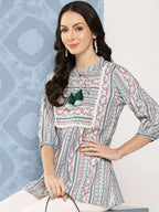 Yufta Green and pink Print Mandarin Collar Ethnic Linen Top