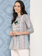 Yufta Green and pink Print Mandarin Collar Ethnic Linen Top