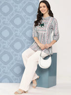 Yufta Green and pink Print Mandarin Collar Ethnic Linen Top