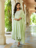 Yufta Green embroidered Fit and flare Kurta Trouser And Dupatta Set