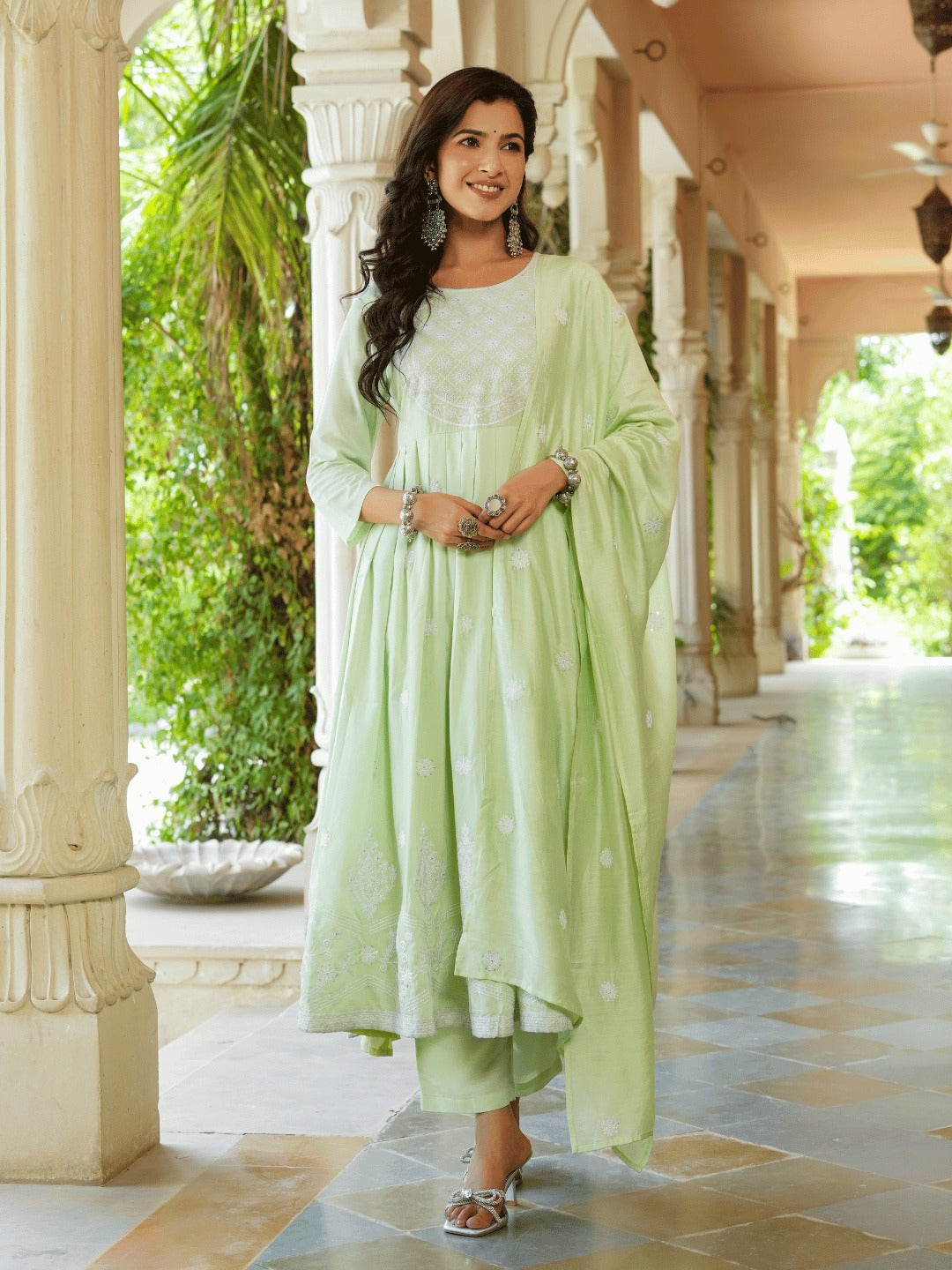 Yufta Green embroidered Fit and flare Kurta Trouser And Dupatta Set
