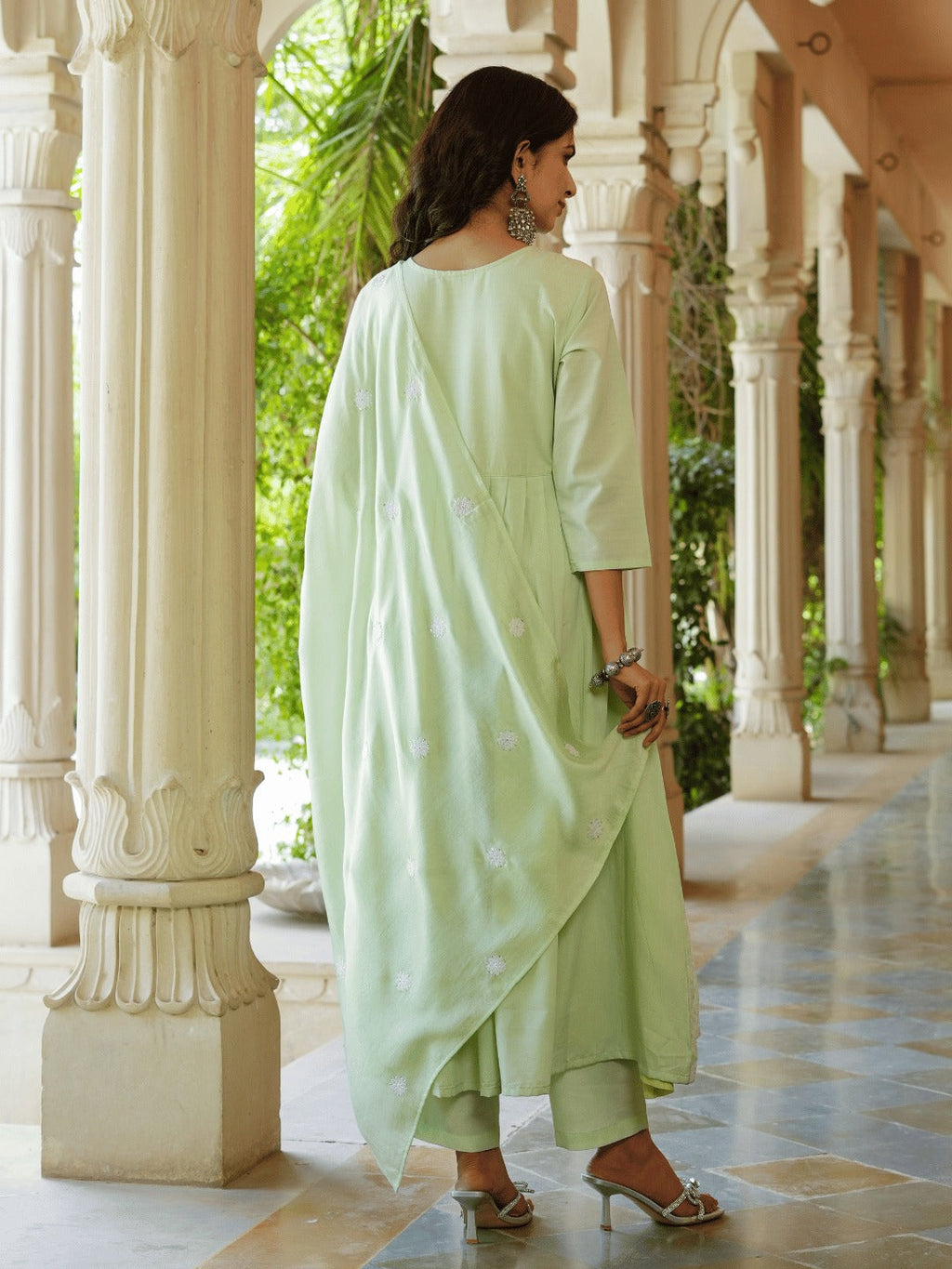 Yufta Green embroidered Fit and flare Kurta Trouser And Dupatta Set