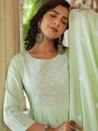 Yufta Green embroidered Fit and flare Kurta Trouser And Dupatta Set