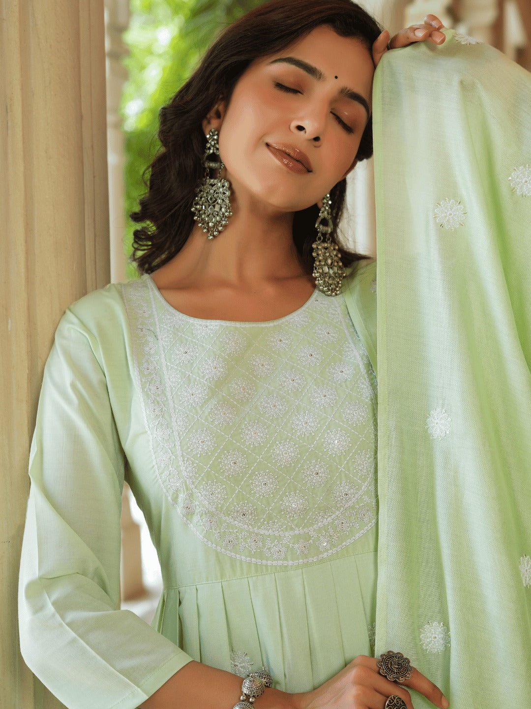 Yufta Green embroidered Fit and flare Kurta Trouser And Dupatta Set