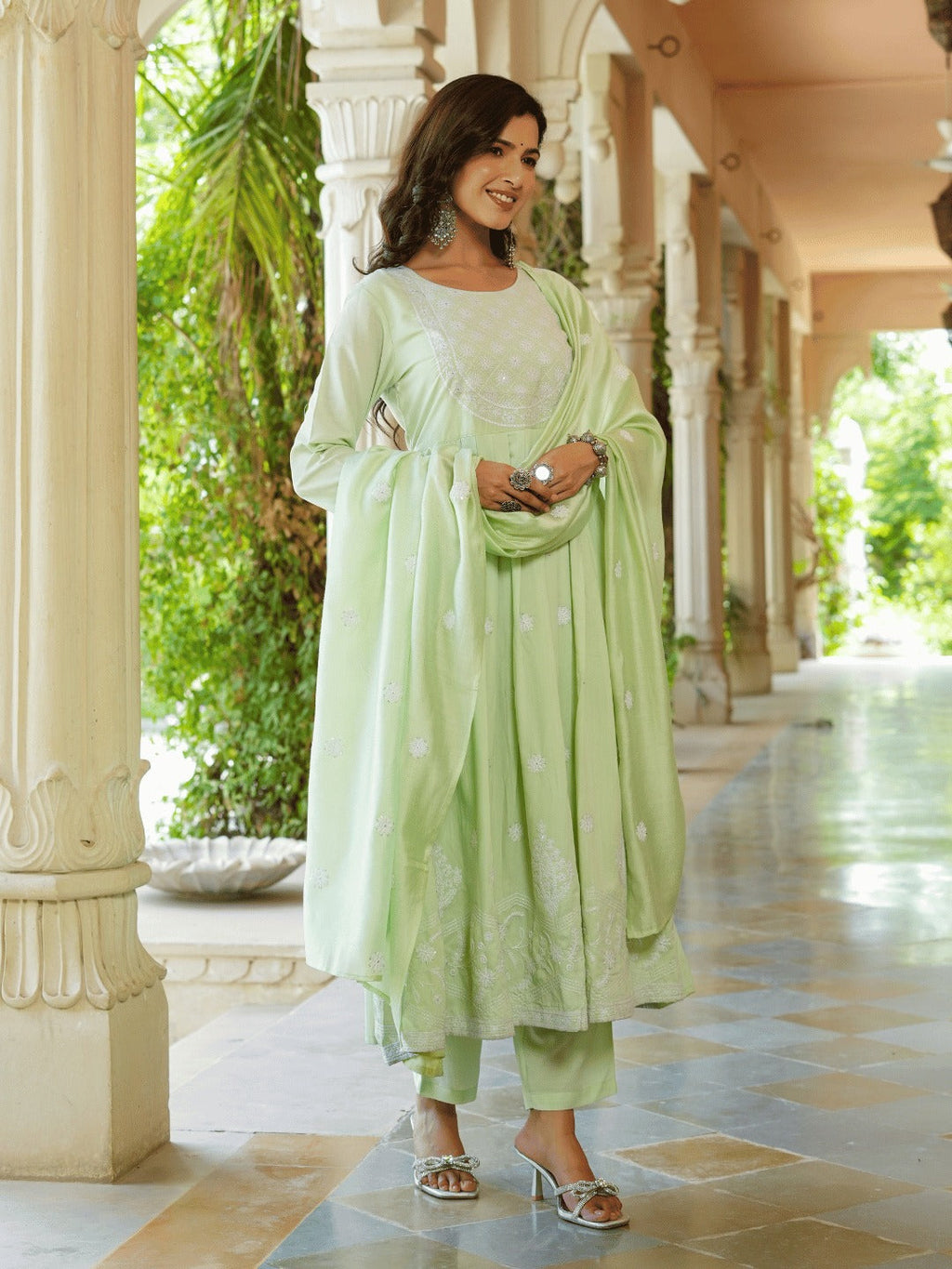 Yufta Green embroidered Fit and flare Kurta Trouser And Dupatta Set