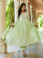 Yufta Green embroidered Fit and flare Kurta Trouser And Dupatta Set