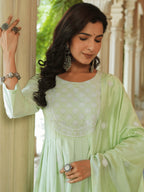 Yufta Green embroidered Fit and flare Kurta Trouser And Dupatta Set