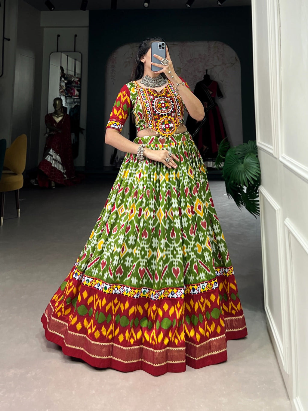 Lorenvalley Green Tussar Silk Patola Print With Foil Work And Original Mirror Gamthi Lace Lehenga Choli with Dupatta