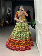 Lorenvalley Green Tussar Silk Patola Print With Foil Work And Original Mirror Gamthi Lace Lehenga Choli with Dupatta