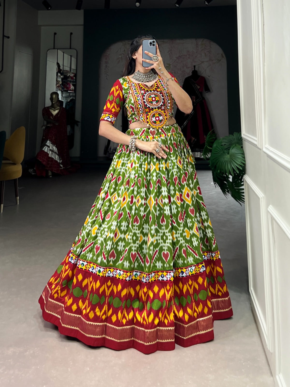 Lorenvalley Green Tussar Silk Patola Print With Foil Work And Original Mirror Gamthi Lace Lehenga Choli with Dupatta