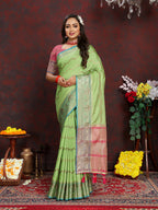 Lorenvalley Fashion Green Soft Katan Silk Woven Design Zari Weaving Pallu Saree