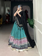 Lorenvalley Green Rayon with Bandhej And Ajarakh Print With Embossed Design Gota Lace Touch up Lehenga Choli