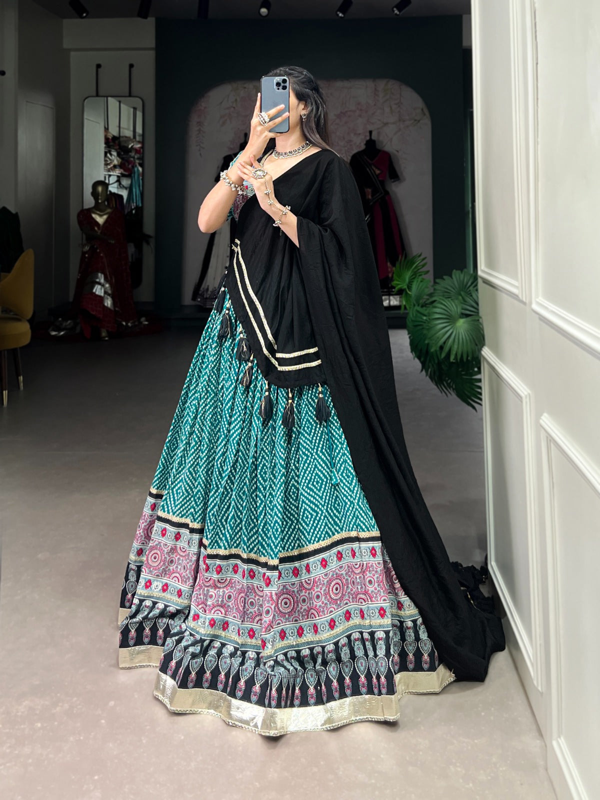 Lorenvalley Green Rayon with Bandhej And Ajarakh Print With Embossed Design Gota Lace Touch up Lehenga Choli